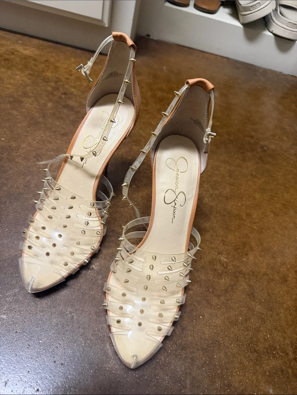 Jessica Simpson Clear Pointed Toe Studded Pump - Beige Insole, Gold Studs
